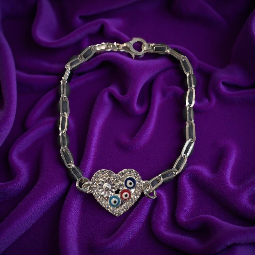 Heart Evil Eyes Bracelet~ silver paperclip chain 7 inch